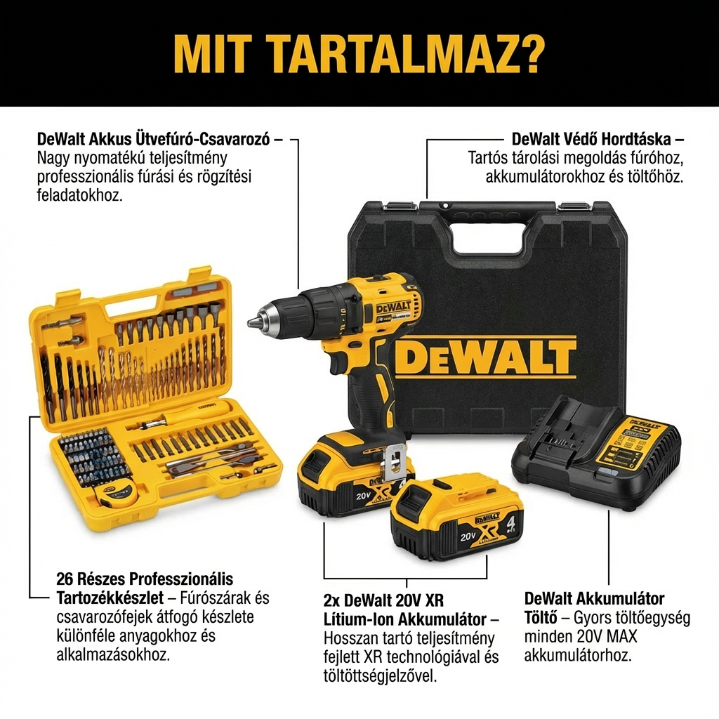 DWT ütvefúró csavarozó – Teljes Készlet + 2 Akkumulátor + 26 Tartozék