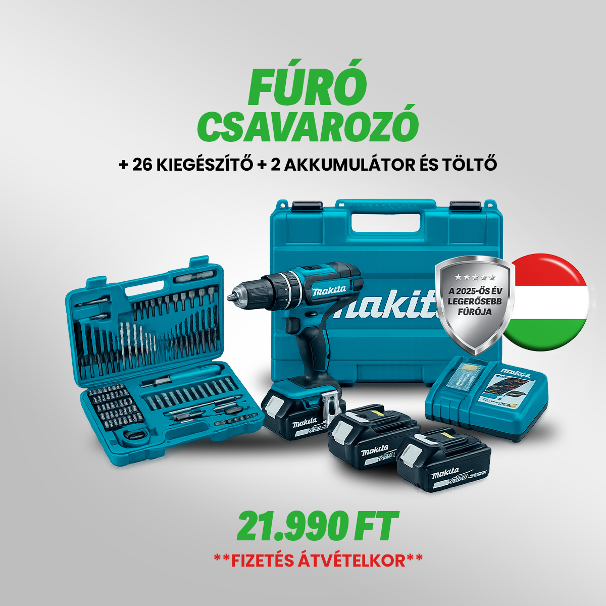 Makita Akkus fúrócsavarozó | Teljes Készlet + 2 Akkumulátor + 26 Tartozék