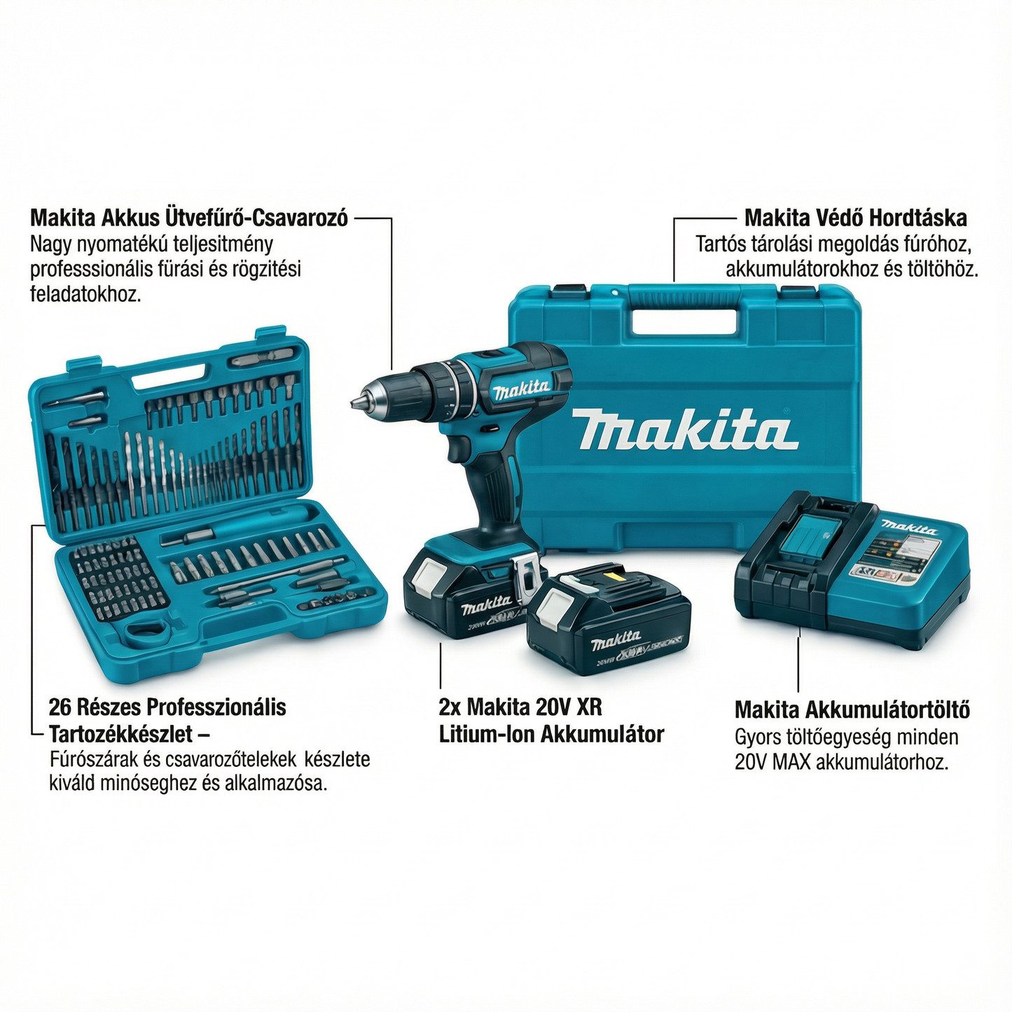 MKT Akkus fúrócsavarozó | Teljes Készlet + 2 Akkumulátor + 26 Tartozék